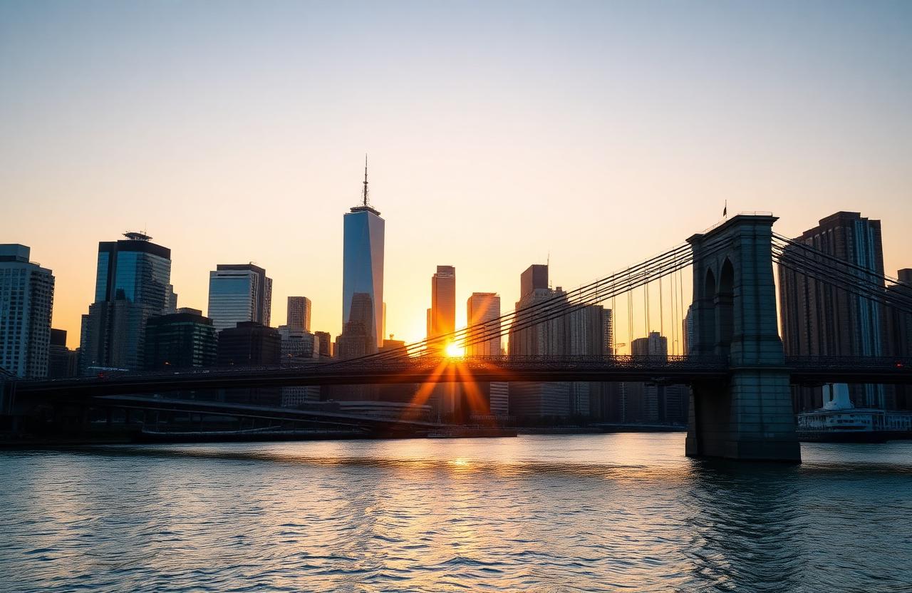 Brooklyn Bridge with the Manhattan financial district skyline at sunset